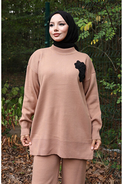 sefamerve Kötöttáru Gyöngyös tunika nadrág kétrészes szett 1021-02 Tejkávé