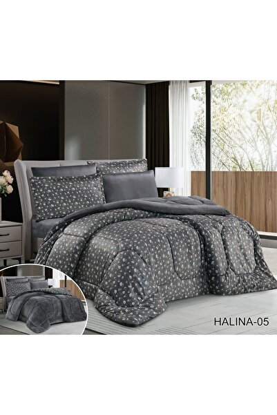 Roshen 6-piece double-sided winter bedspread set, one plain velvet side and one patterned fur side, luxury for you and elegance for your room decor, size 220*240