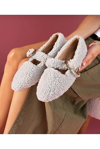 PABUCH Women's Buckled Belted Flat Shoes Suitable for Indoor and Outdoor Use Furry Plush Comfortable Stylish