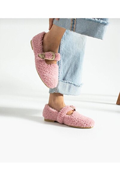 PABUCH Women's Buckled Belted Flat Shoes Suitable for Indoor and Outdoor Use Furry Plush Comfortable Stylish