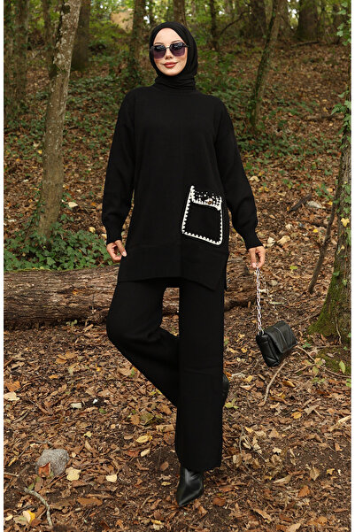 sefamerve Strickwaren İinci Detaillierte Tunika-Hosen-Kombination Zweiteiliges Set 1025-02 Schwarz