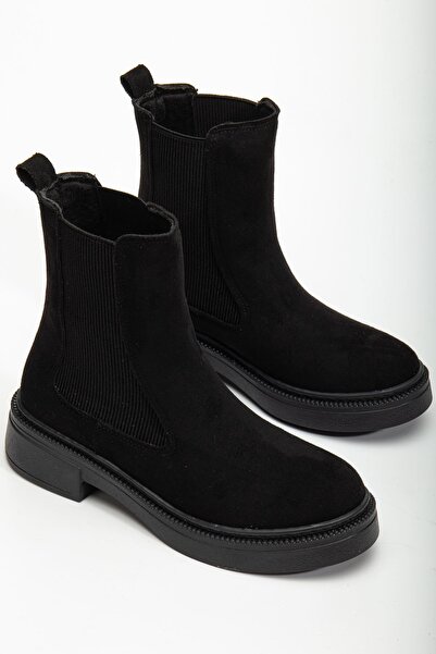 Hayalimdeki Ayakkabı Kadın Lastikli Günlük Siyah Süet Kalın Tabanlı Bot