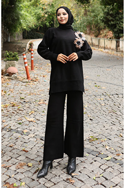 sefamerve Triko Gül Aplikeli Tunik Pantolon İkili Takım 1036-08 Siyah