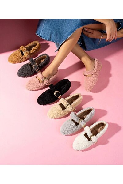 PABUCH Women's Buckled Belted Flat Shoes Suitable for Indoor and Outdoor Use Furry Plush Comfortable Stylish