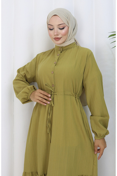 sefamerve Lace-Up Half-Button Dress 0183-04 Oil Green
