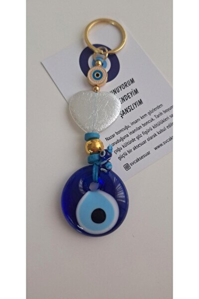 Svc Aksesuar سلسلة مفاتيح هدية بتفاصيل على شكل قلب وخرز العين الزرقاء 12 سم