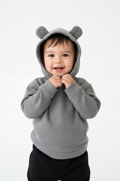 LUESS Erkek Çocuk Ayıcık Kulaklı Pamuklu Gri Kapüşonlu Sweatshirt