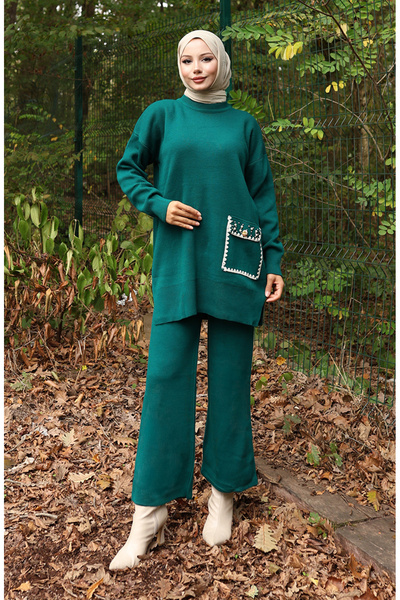 sefamerve Triko İinci Detaylı Tunik Pantolon İkili Takım 1025-01 Petrol