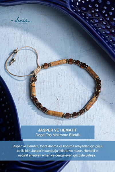 Deniz Doğal Taş Certified Jasper and Hematite Natural Stone Macrame Bracelet