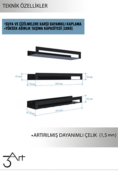 3art Metal 3’lü Banyo Rafı – Duvar Tipi Organizer - Siyah Şık Şampuan ve Aksesuar Raf Seti - Paslanmaz Metal