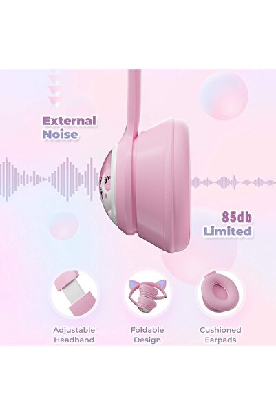 VALA Căști copii urechi de pisică, VALA® M8 PRO, pliabile, lumini LED RGB distractive, Bluetooth