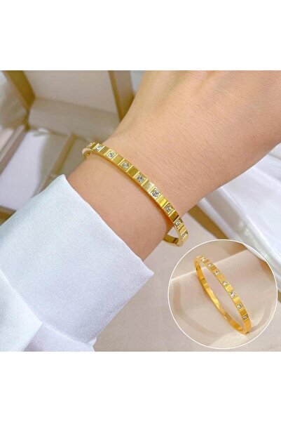 Pursehuit Brățară aurie, din oțel inoxidabil, tip bangle, cu pietre de zircon...