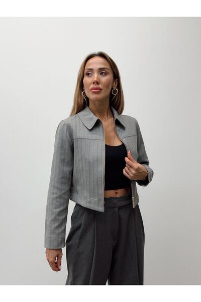 Maldia Shop Women's Striped Zippered Gray Crop Jacket