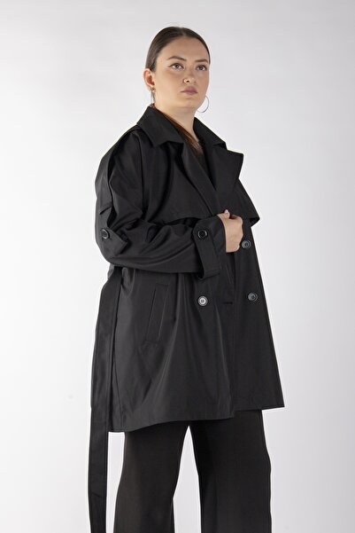 Bedrinxxl Kadın Büyük Beden Kuşaklı Oversize Kısa Trençkot Siyah Şık Mevsimlik Su İtici Düğmeli Ceket Modeli