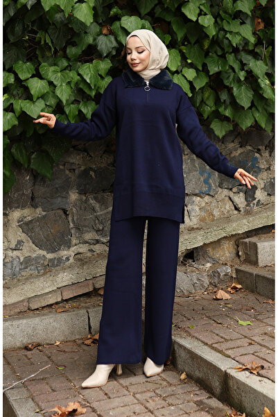 sefamerve Knitwear Fur Collar Tunic Trousers Double Suit 1059-04 Navy Blue