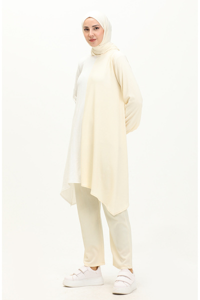 sefamerve Ασύμμετρο Παντελόνι Τουνίκ Διπλό Σετ 3015-04 Εκρού Κίτρινο