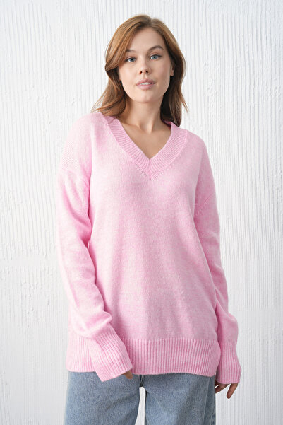 WOMAN VISION Women's Pink Knitwear Fabric V-Neck Oversize Sweater 4093