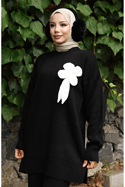 sefamerve Pletené zboží Květinové detailní tunikové kalhoty Dvoudílná sada 1028-03 Černá