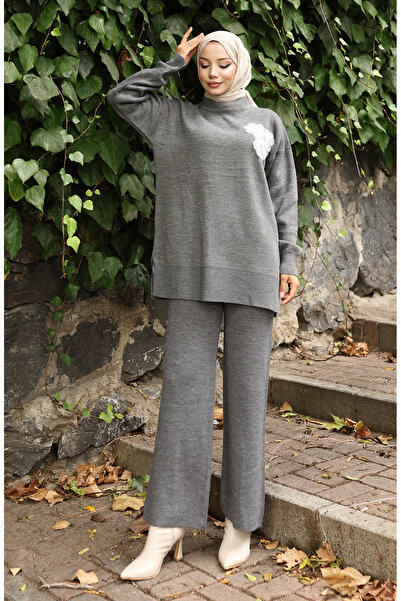 sefamerve Triko Boncuk İşlemeli Tunik Pantolon İkili Takım 1021-03 Gri