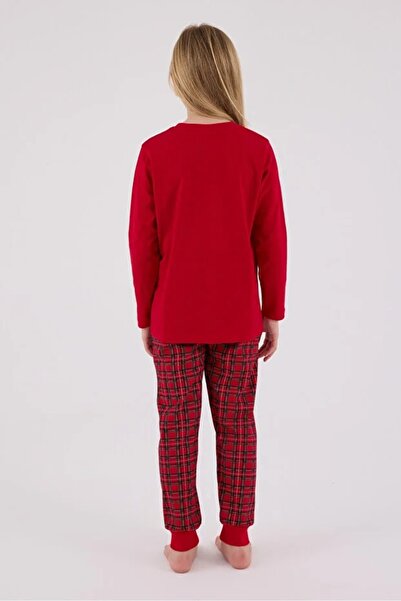 Arnetta %100 PAMUK BİSİKLET YAKA YILBAŞI TEMALI EKOSE DESEN UZUN KOLLU KIZ ÇOCUK PİJAMA TAKIM