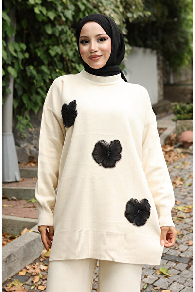 sefamerve Triko Boncuk İşlemeli Tunik Pantolon İkili Takım 1016-08 Bej