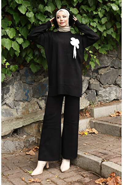 sefamerve Pletené zboží Květinové detailní tunikové kalhoty Dvoudílná sada 1028-03 Černá