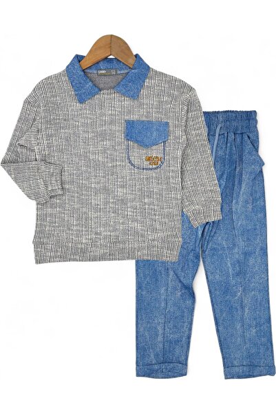 voyyo kids baby Erkek Çocuk Gömlek Yakalı, Cep Detaylı Sweatshirt ve Pantalonlu Şık 2'li Takım 4-11 Yaş