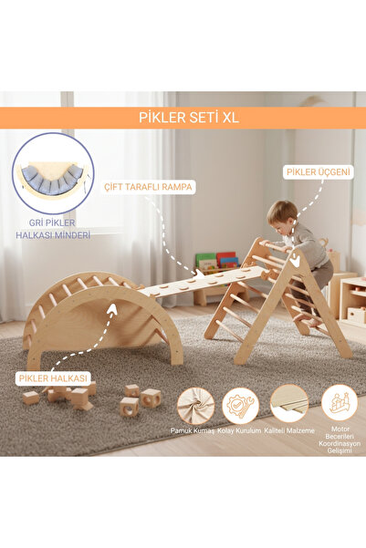 Pooki playroom Montessori Pikler Seti Gri Minderli-pikler halkası,pikler üçgeni,çift taraflı rampa