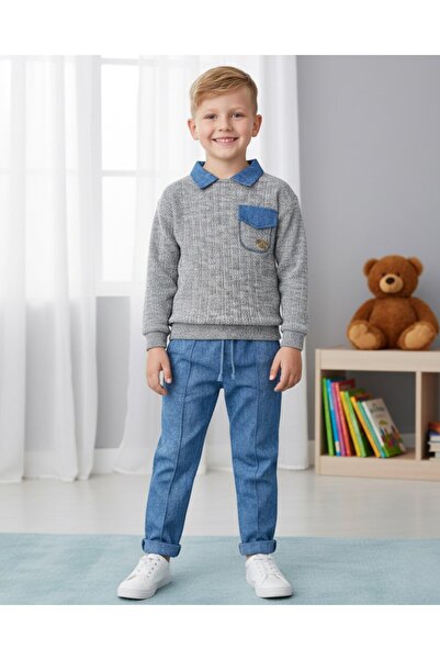 voyyo kids baby Erkek Çocuk Gömlek Yakalı, Cep Detaylı Sweatshirt ve Pantalonlu Şık 2'li Takım 4-11 Yaş