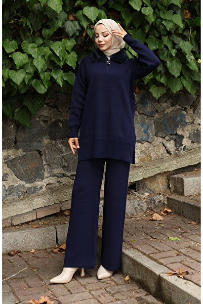 sefamerve Knitwear Fur Collar Tunic Trousers Double Suit 1059-04 Navy Blue