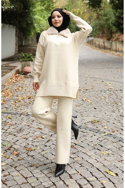 sefamerve Knitwear Fur Collar Tunic Trousers Double Suit 1059-01 Beige