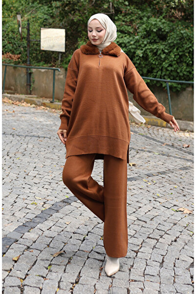 sefamerve Knitwear Fur Collar Tunic Trousers Double Set 1059-05 Tan