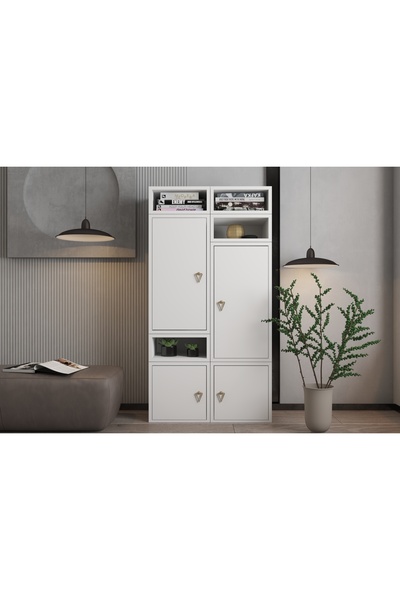 nettrends.net the new trend of shopping Modüler Çift Kapaklı + Açık Raflı Kitaplık, Beyaz (129.8×100.8×29.8 cm)-PNR-KTP-1009