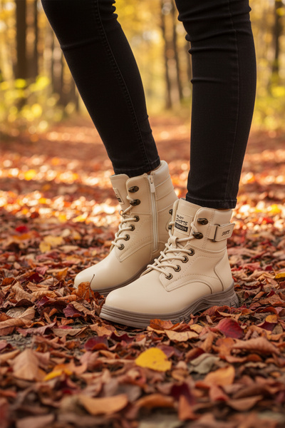 AYAKMOD حذاء نسائي بيج من فرو المنك مع بطانة صوفية وسحاب ونعل مانع للانزلاق 2...