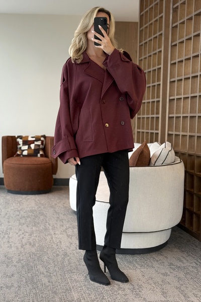 Laluvia Bordo Kruvaze Kısa Trençkot - 7537