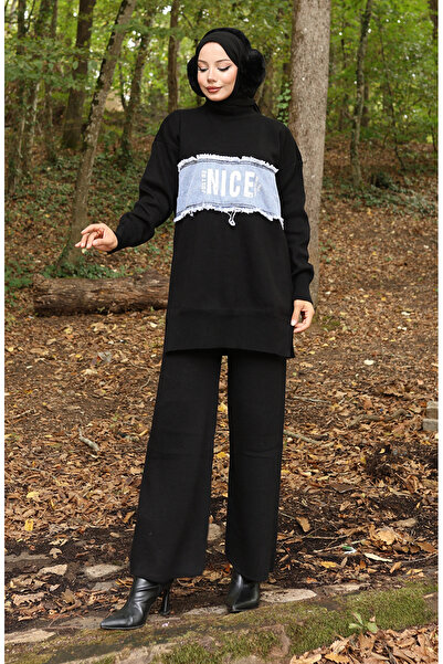 sefamerve Triko Kot Garnili Tunik Pantolon İkili Takım 1094-08 Siyah