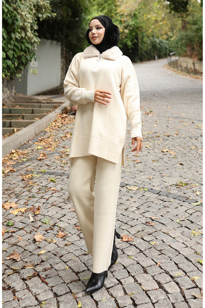 sefamerve Knitwear Fur Collar Tunic Trousers Double Suit 1059-01 Beige
