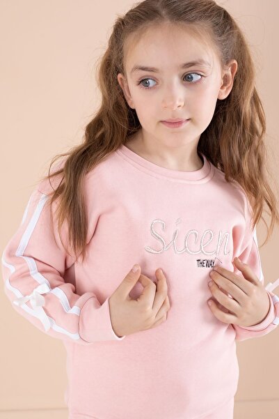 Cansın Mini Ροζ Κεντημένο Σετ Φόρμας για Κορίτσια με Λεπτομέρεια Κορδέλας 23237