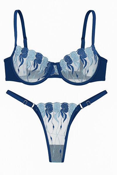 DiEr Underwear Mavi Balenli Dantelli Şeffaf Nakışlı Sütyen ve Ayarlanabilir Tanga Takım