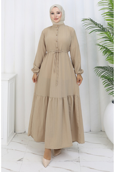 sefamerve Lace-Up Half Button Dress 0183-01 Beige