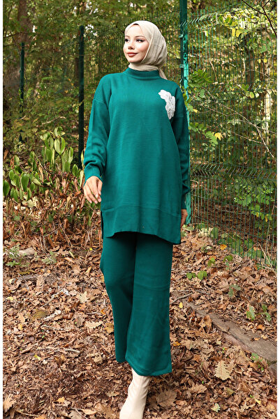 sefamerve Triko Boncuk İşlemeli Tunik Pantolon İkili Takım 1021-07 Petrol