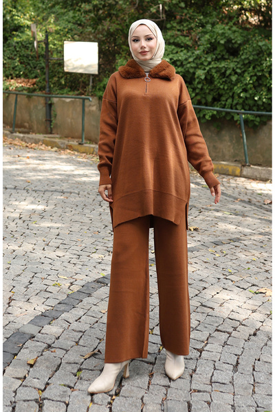 sefamerve Knitwear Fur Collar Tunic Trousers Double Set 1059-05 Tan