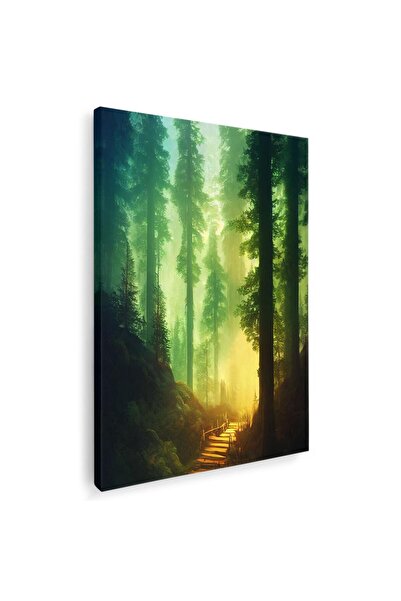 Tablou Canvas peisaj natura padure in ceata cu nuante galben, verde, negru ,c...