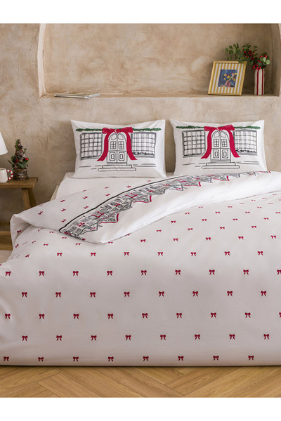LC Waikiki Red Bow Printed 100% Cotton Double Duvet Cover Set