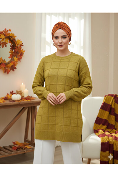 FERHEL Women's Square Patterned Slit Soft Knit Tunic