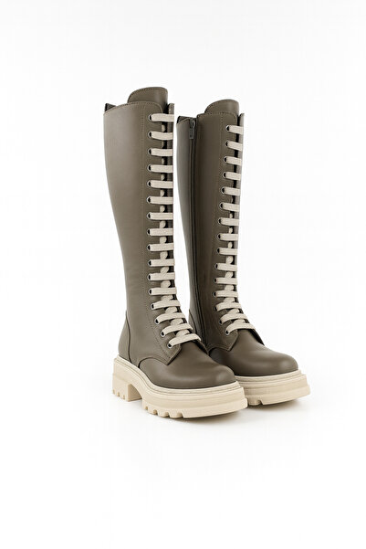 MODELLE SHOES Commander Kadın Haki Rengi Bağcıklı Fermuarlı Çizme