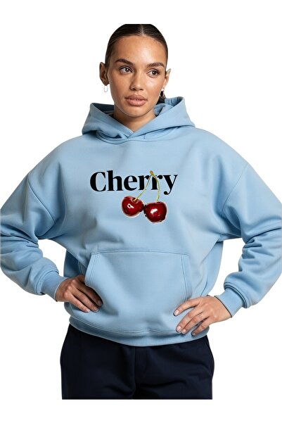 ArtYus سويت شيرت بقلنسوة كبير الحجم من القطن مطبوع عليه لون الكرز للجنسين