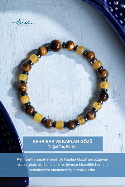 Deniz Doğal Taş Sertifikalı Kehribar ve Kaplan Gözü Doğal Taş Bileklik