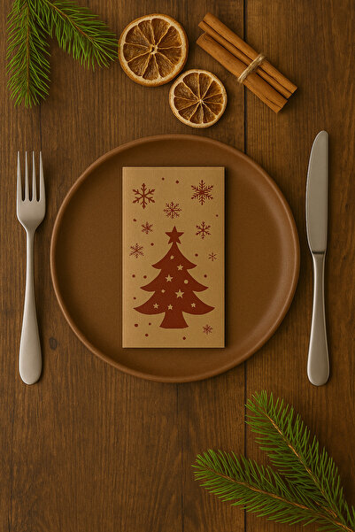 Dekals 20 Adet Kraft Yılbaşı Desenli Kağıt Peçete Çam Desenli Doğal Peçete