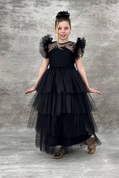 Tarz Çocuk Floor Length Long Girls' Evening Dress with Tiered Fluffy Tulle Skirt